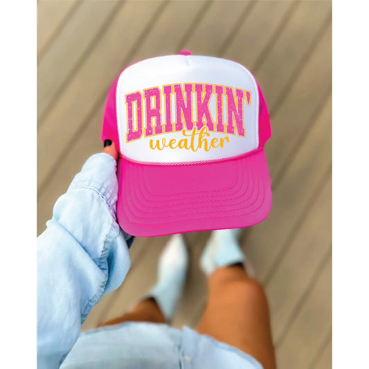 Drinkin' Weather Printed Hot Pink & White Trucker Hat