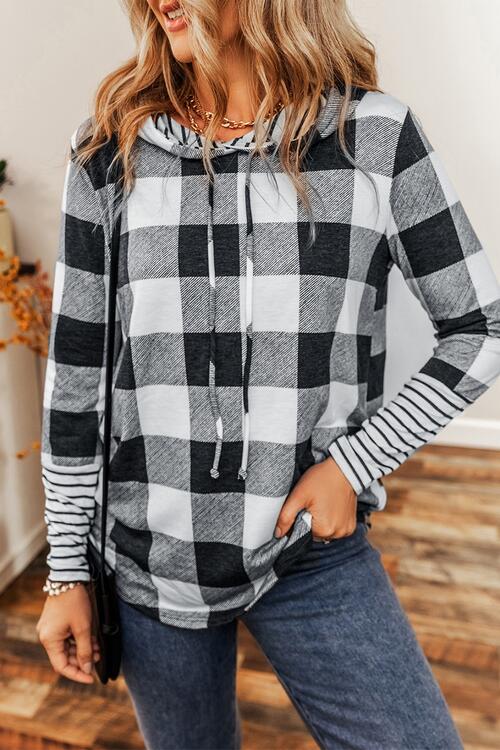 Plaid Drawstring Long Sleeve Hoodie Trendsi