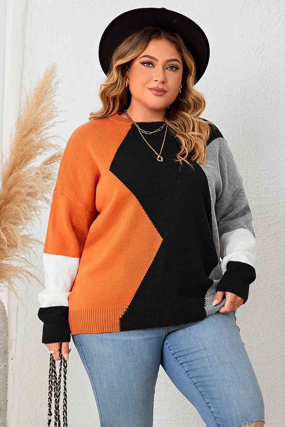 Plus Size Color Block Round Neck Knit Top Trendsi
