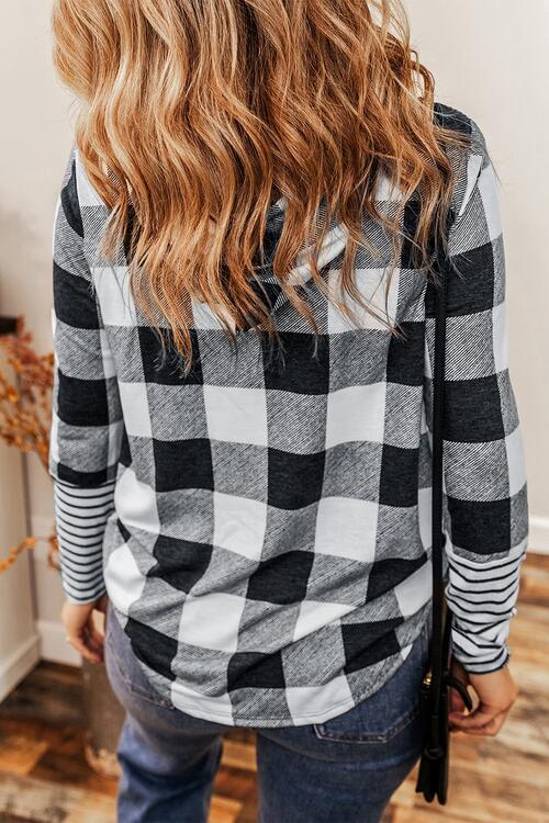 Plaid Drawstring Long Sleeve Hoodie Trendsi