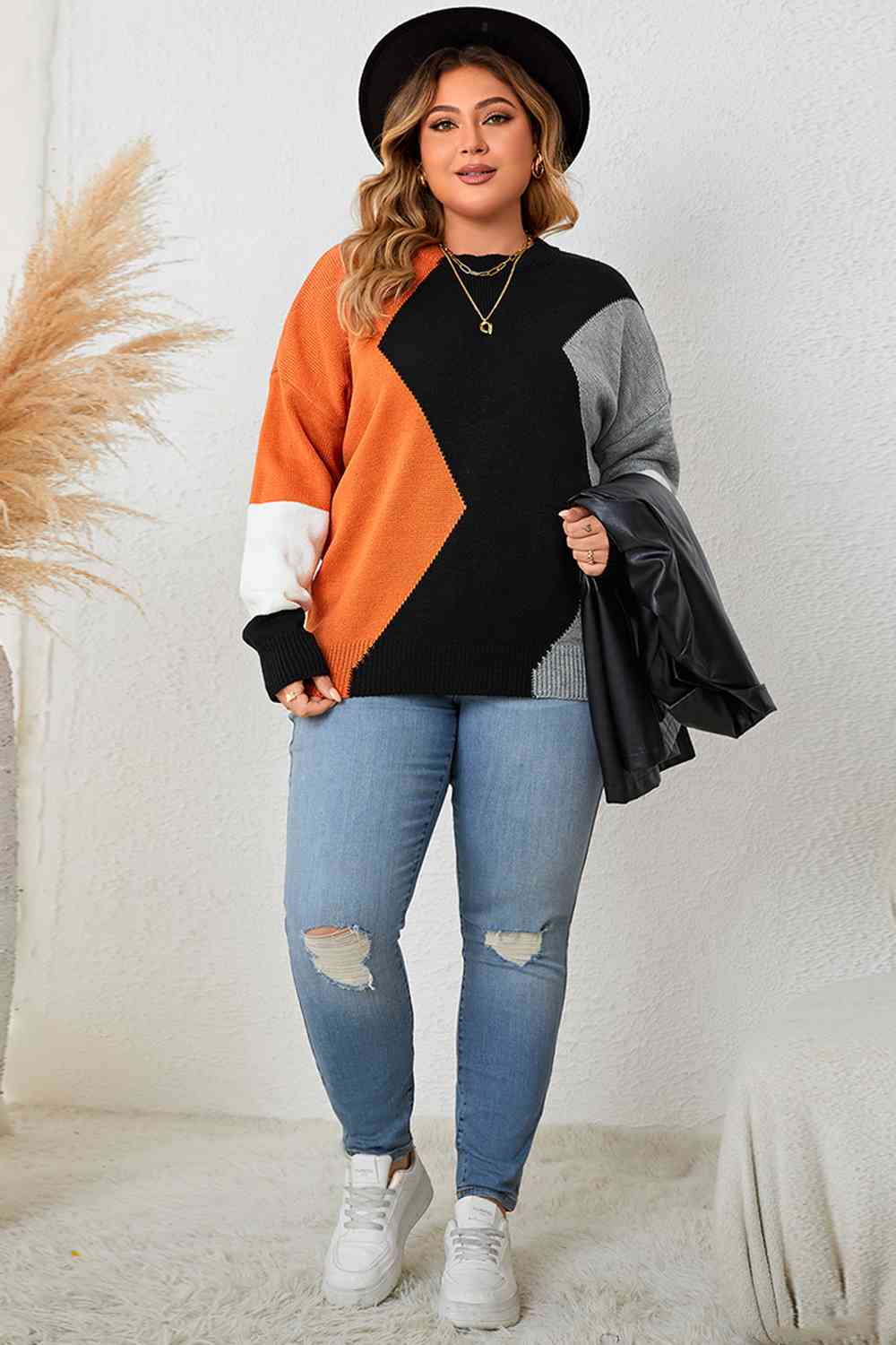 Plus Size Color Block Round Neck Knit Top Trendsi