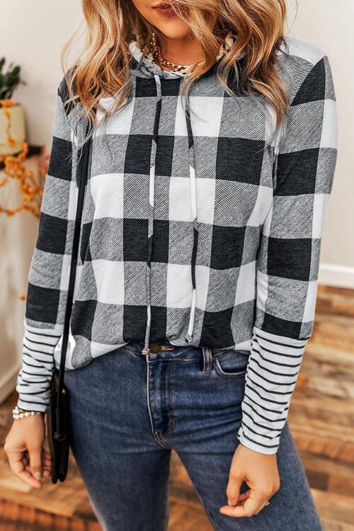 Plaid Drawstring Long Sleeve Hoodie Trendsi