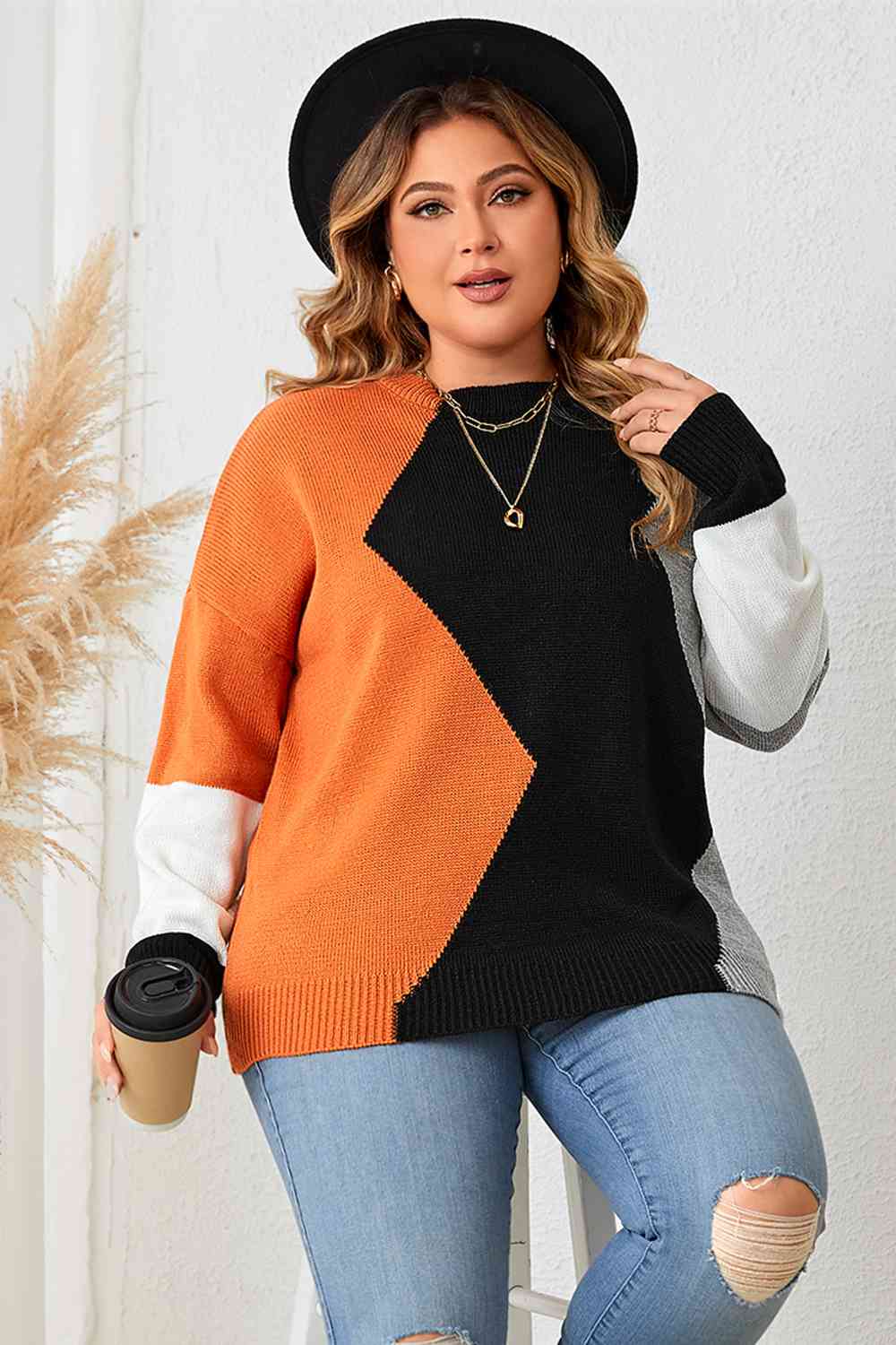 Plus Size Color Block Round Neck Knit Top Trendsi