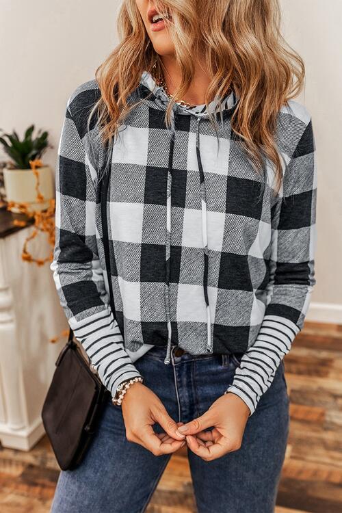Plaid Drawstring Long Sleeve Hoodie Trendsi