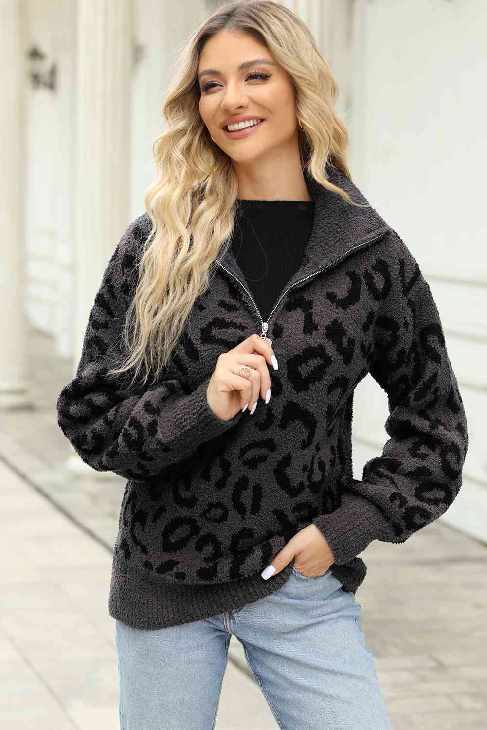 Leopard Half-Zip Sweater Trendsi