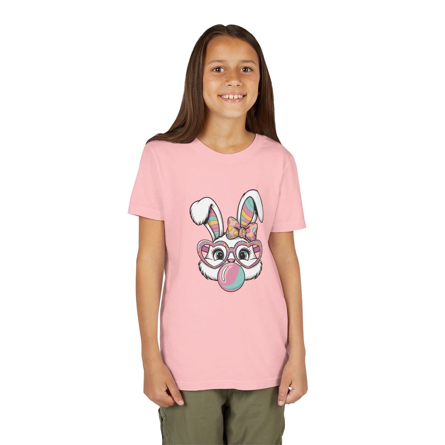 Kids Bunny Bubblegum T-Shirt — Cute Easter Bunny with Glasses & Bow Youth Tee