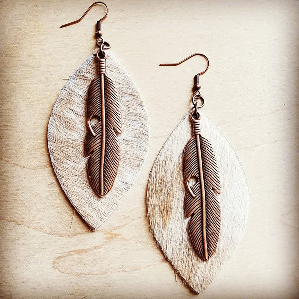 Leather Oval Earrings in Hair with Copper Feather The Jewelry Junkie