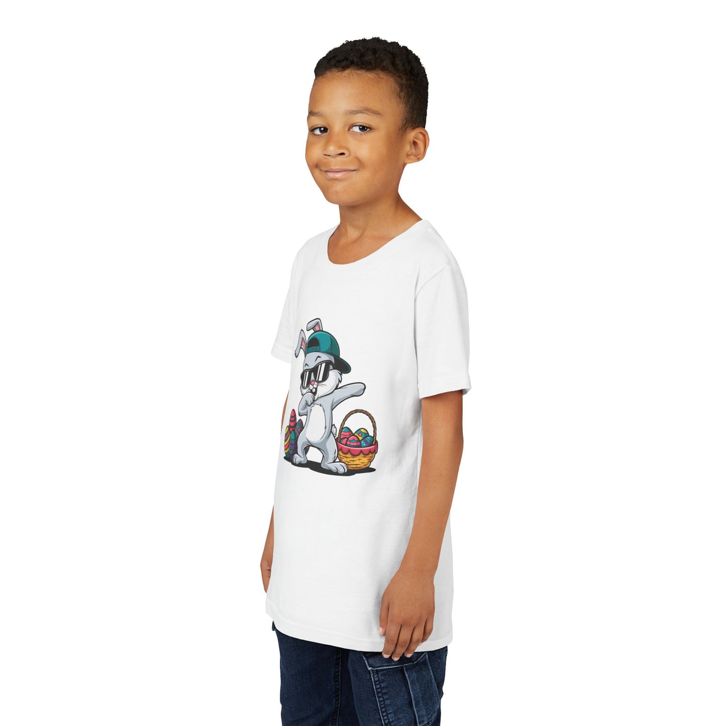 Youth Tee — Cool Dabbing Easter Bunny with Sunglasses & Egg Basket