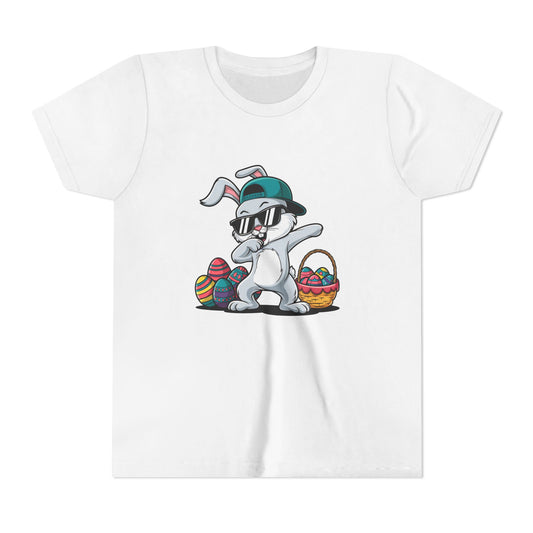 Youth Tee — Cool Dabbing Easter Bunny with Sunglasses & Egg Basket