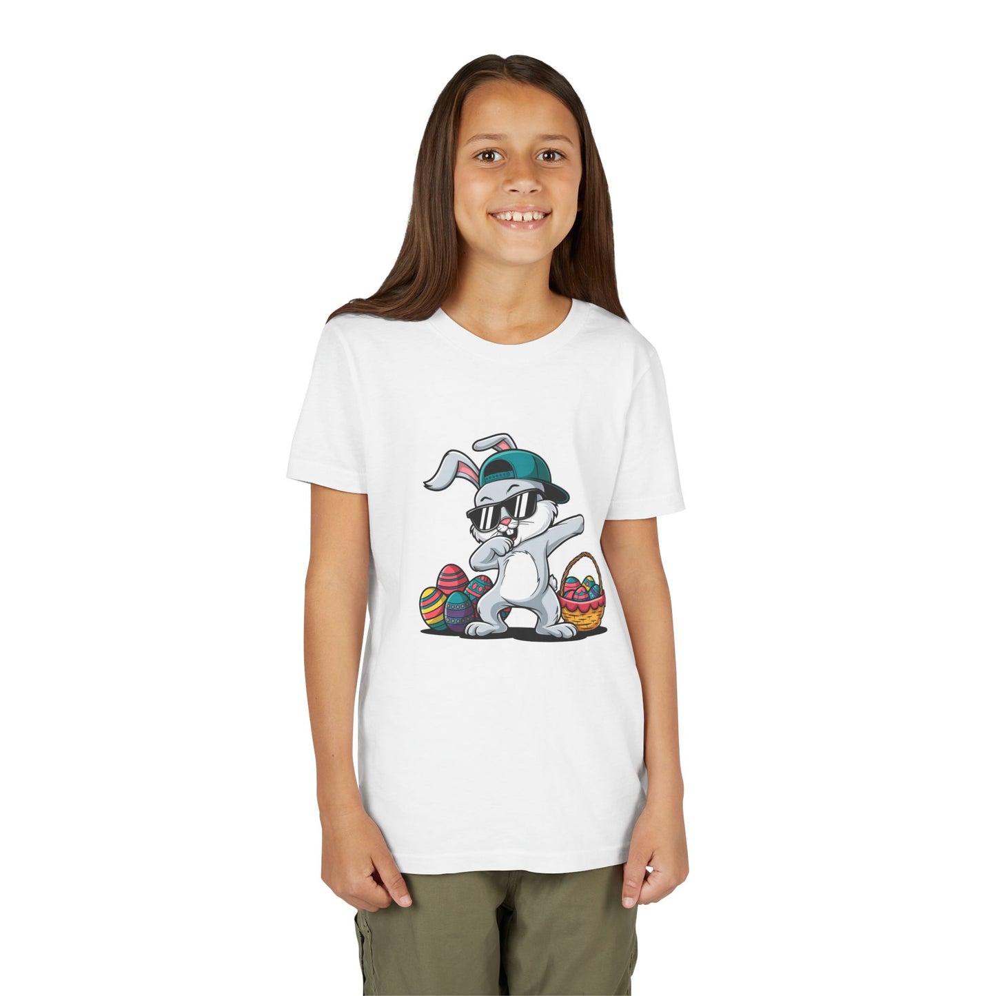 Youth Tee — Cool Dabbing Easter Bunny with Sunglasses & Egg Basket