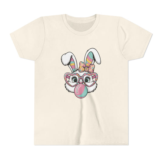 Kids Bunny Bubblegum T-Shirt — Cute Easter Bunny with Glasses & Bow Youth Tee