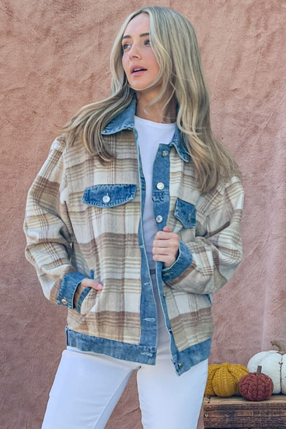 And The Why Full Size Washed Denim Detail Brushed Plaid Jacket