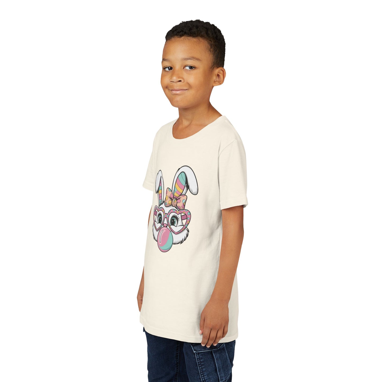 Kids Bunny Bubblegum T-Shirt — Cute Easter Bunny with Glasses & Bow Youth Tee