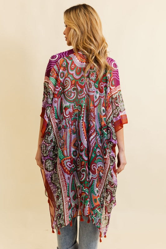 Paisley Print Open Front Kimono w/ Cinched Arms