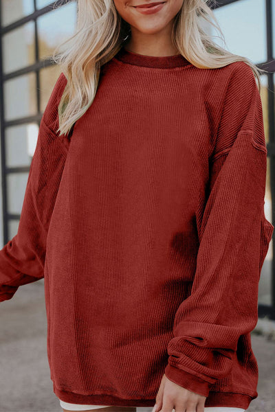 Ribbed Round Neck Drop Shoulder Sweatshirt Trendsi