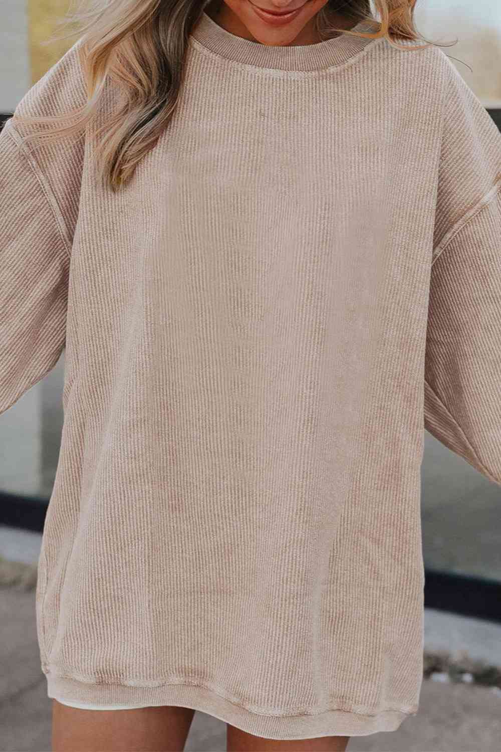 Ribbed Round Neck Drop Shoulder Sweatshirt Trendsi