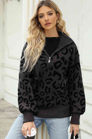 Leopard Half-Zip Sweater Trendsi