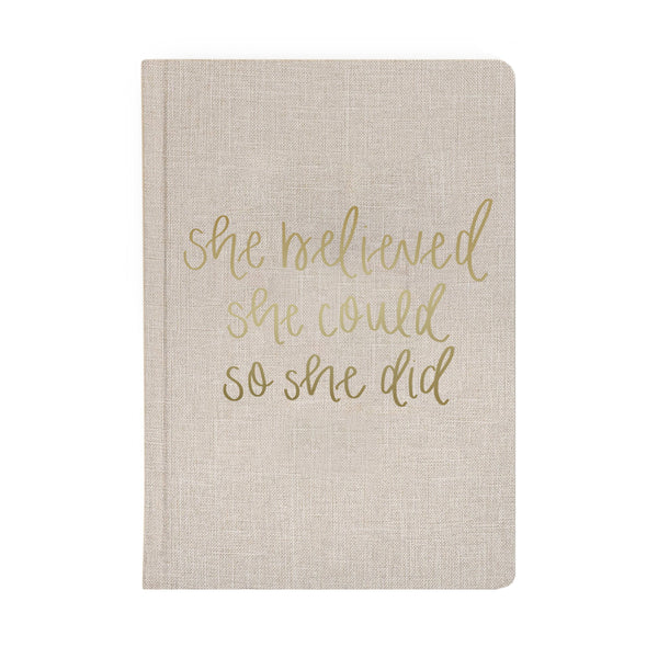 She Believed She Could - Tan and Gold Foil Fabric Journal Sweet Water Decor