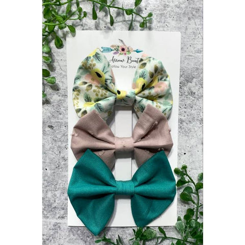 Classic Fabric Hair Bow Set - Teal & Yellow Floral Phoenix Shop LLC