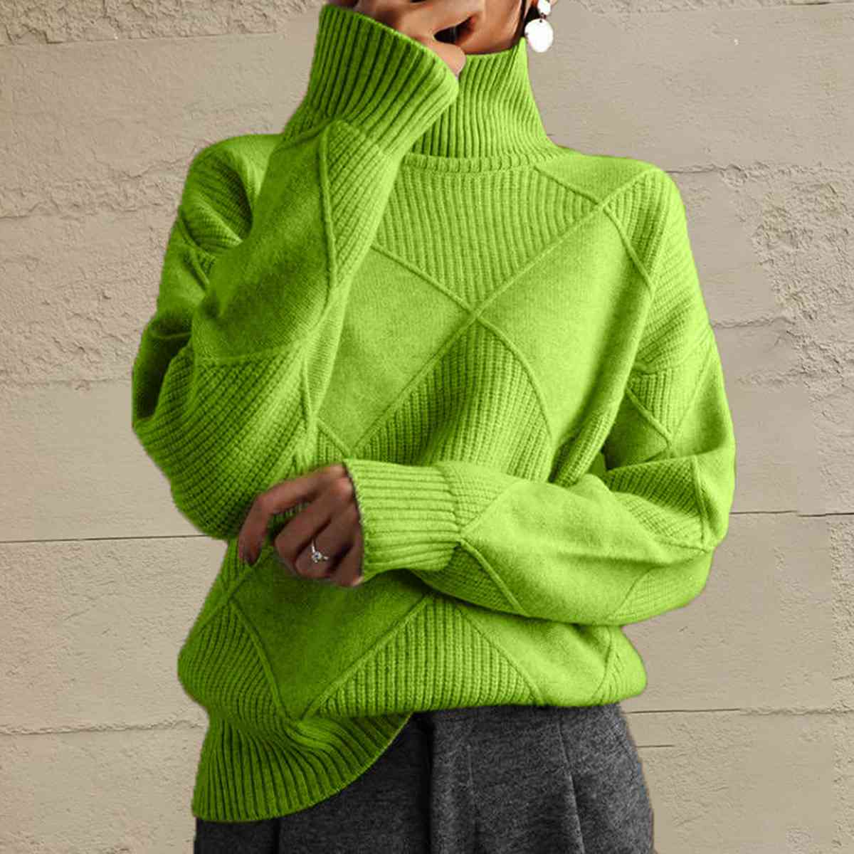 Geometric Turtleneck Long Sleeve Sweater Trendsi