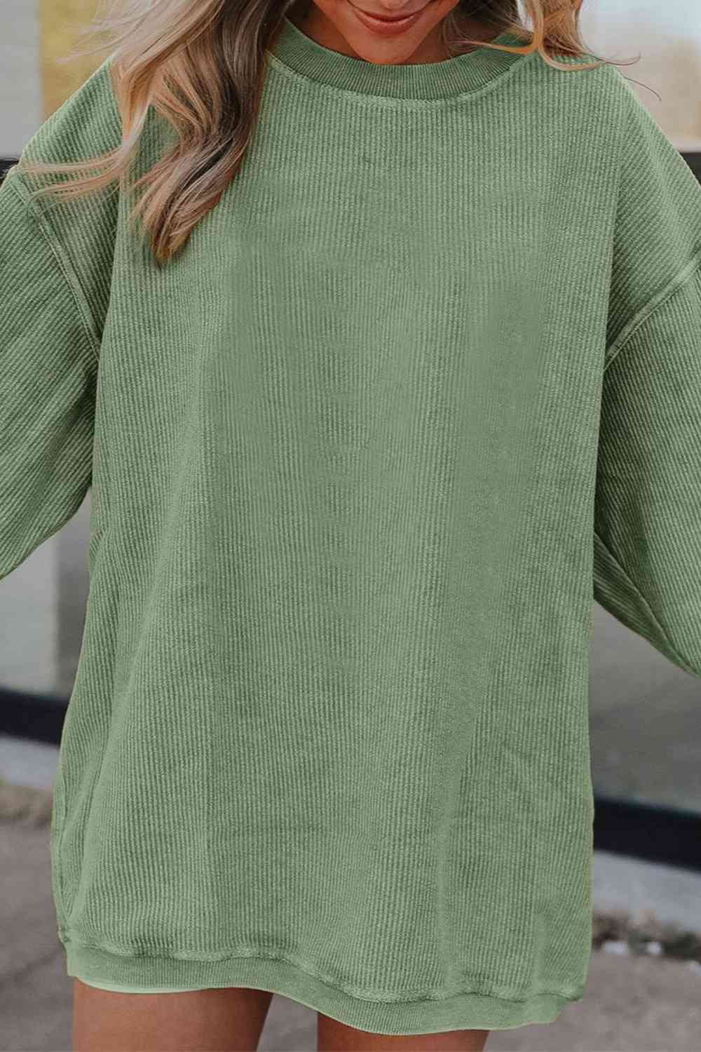 Ribbed Round Neck Drop Shoulder Sweatshirt Trendsi