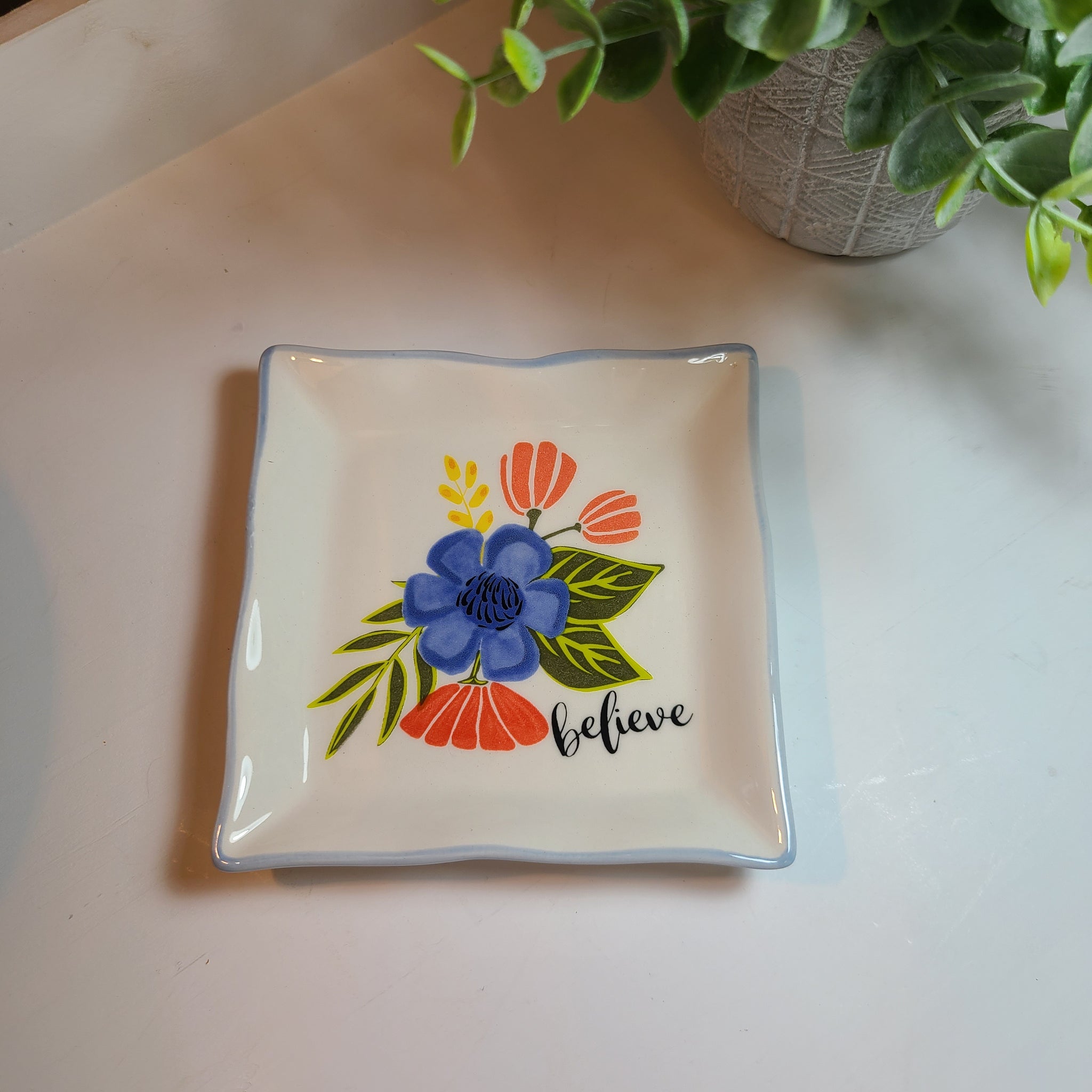 Ceramic "Believe" Mini Floral Tray Phoenix Shop LLC