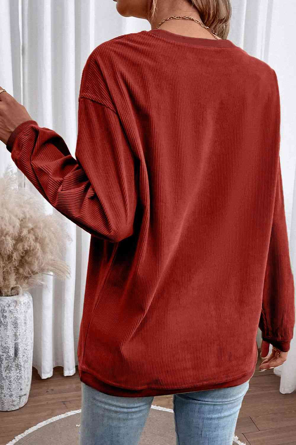 Ribbed Round Neck Drop Shoulder Sweatshirt Trendsi