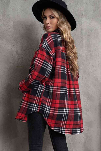 Plaid Collared Neck Button Up Jacket with Pockets Trendsi