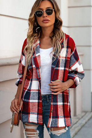 Button Up Plaid Hooded Jacket Trendsi