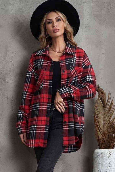 Plaid Collared Neck Button Up Jacket with Pockets Trendsi