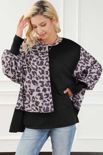 Leopard Round Neck Lantern Sleeve Slit Sweatshirt Trendsi