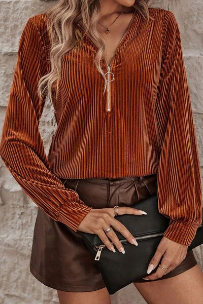 Date Night Ribbed Zip Up Long Sleeve T-Shirt Trendsi