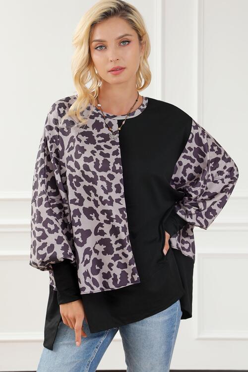 Leopard Round Neck Lantern Sleeve Slit Sweatshirt Trendsi