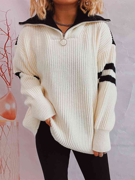 Ribbed Two-Tone Half Zip Sweater Trendsi