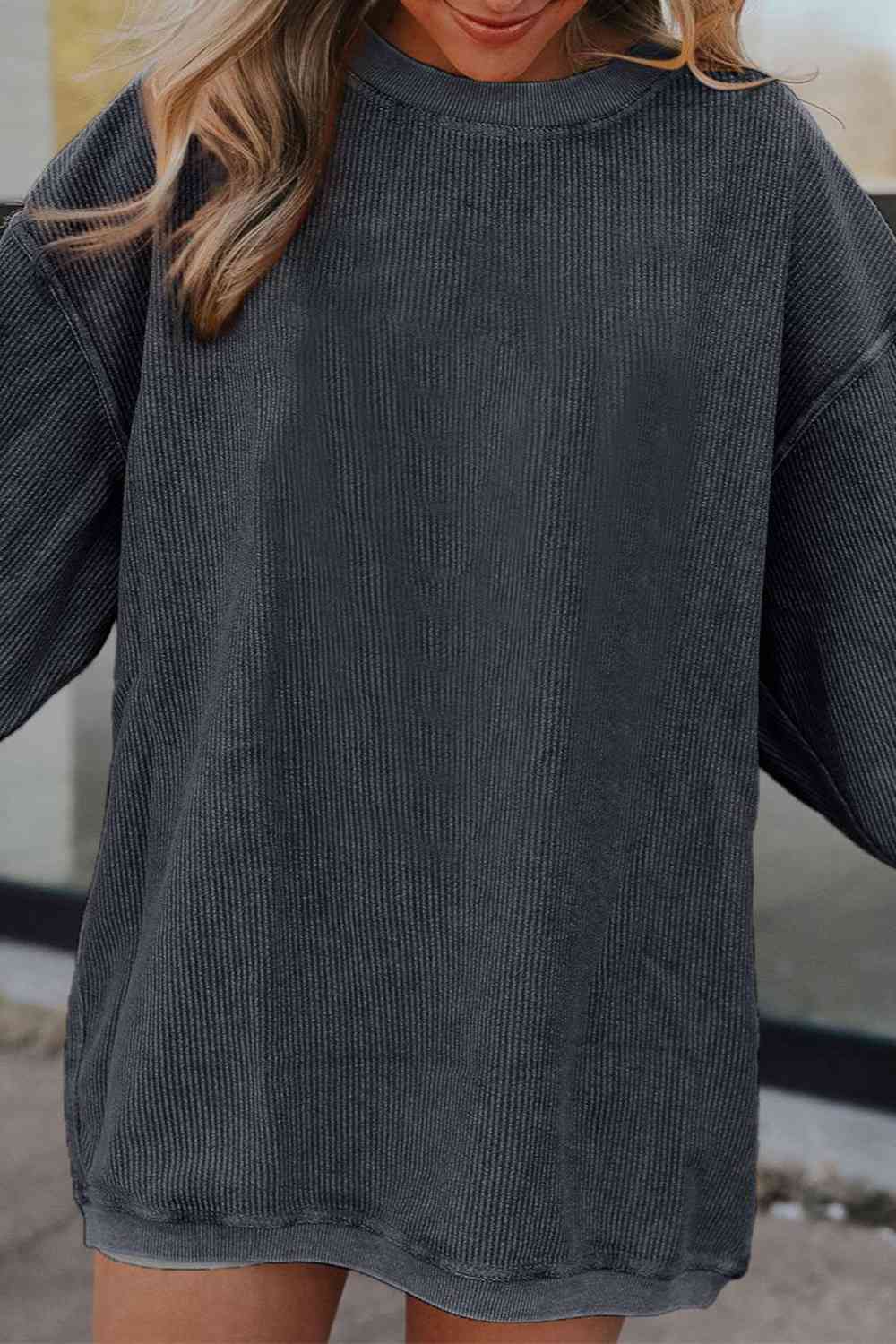 Ribbed Round Neck Drop Shoulder Sweatshirt Trendsi