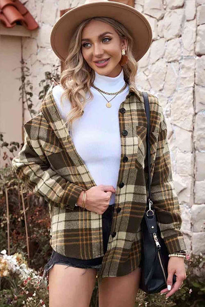 Plaid Collared Neck Button Up Jacket with Pockets Trendsi