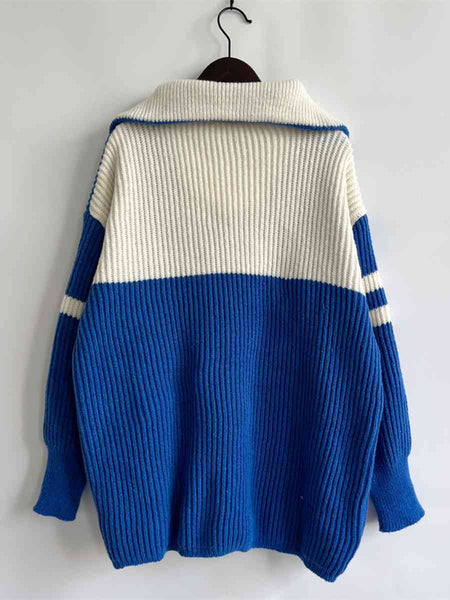 Ribbed Two-Tone Half Zip Sweater Trendsi