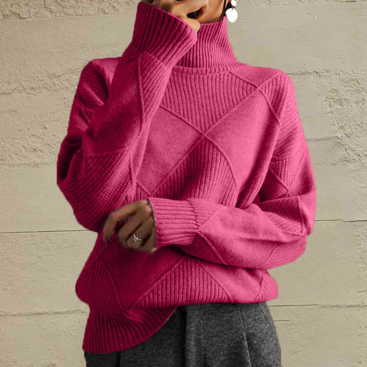 Geometric Turtleneck Long Sleeve Sweater Trendsi