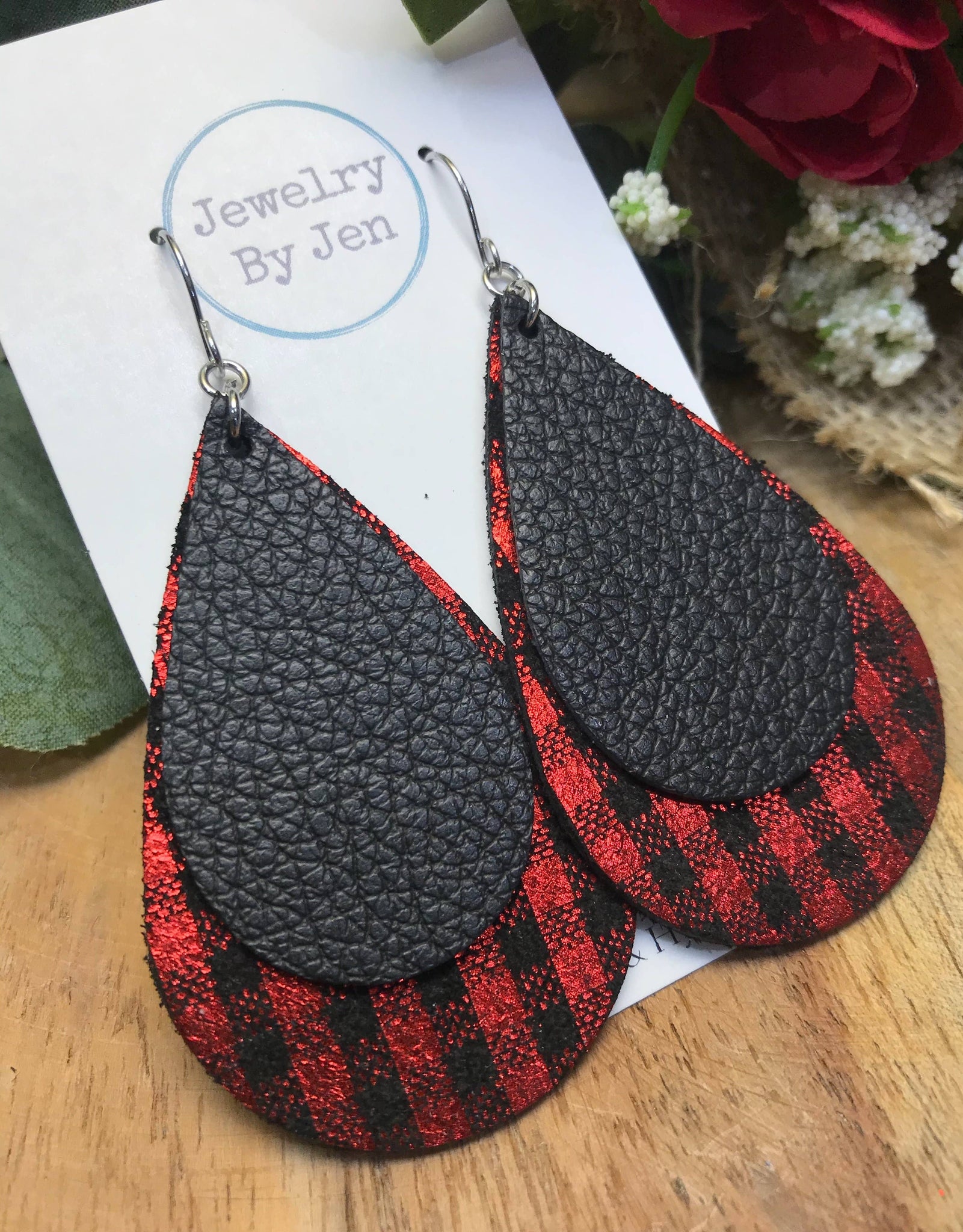 Red & Black Metallic Micro Buffalo Plaid Layered Earrings Jewelry By Jen