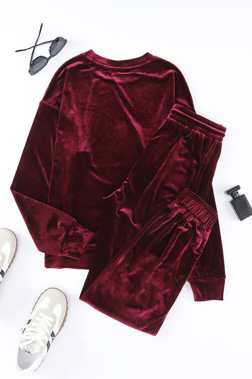 Velour Long Sleeve Top and Pants Lounge Set Trendsi