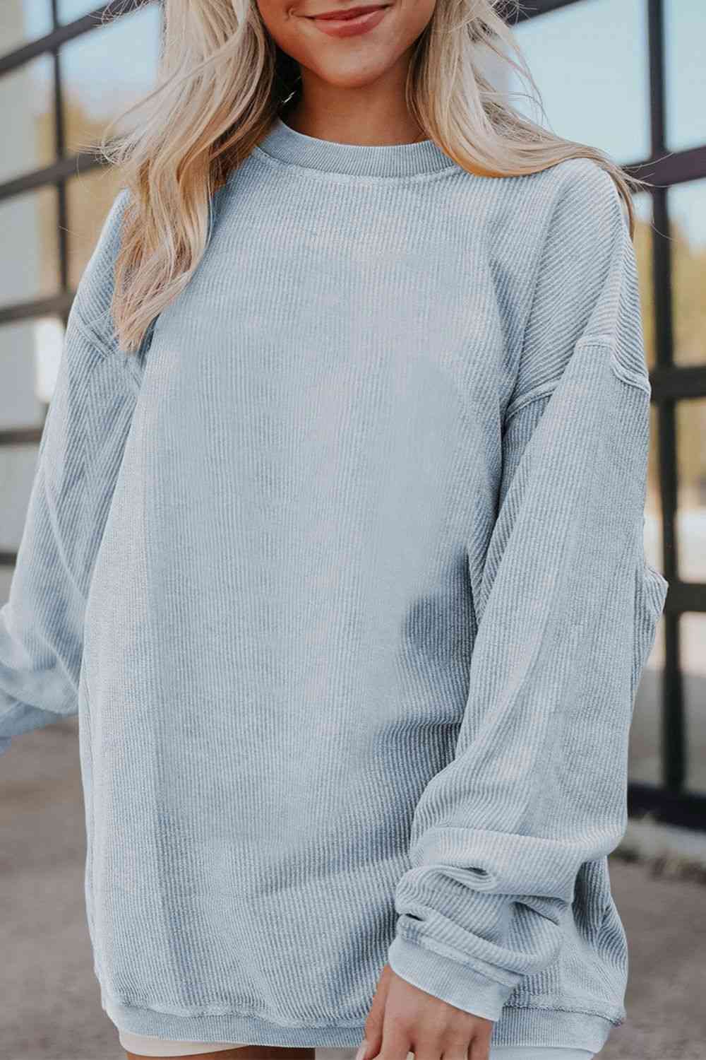 Ribbed Round Neck Drop Shoulder Sweatshirt Trendsi