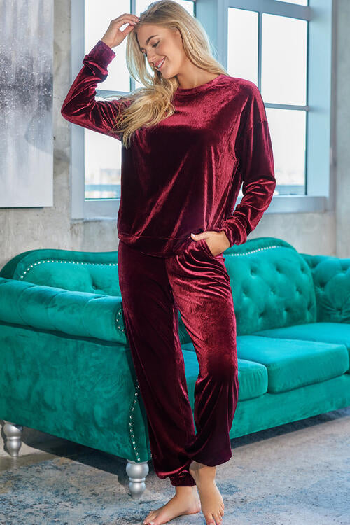 Velour Long Sleeve Top and Pants Lounge Set Trendsi