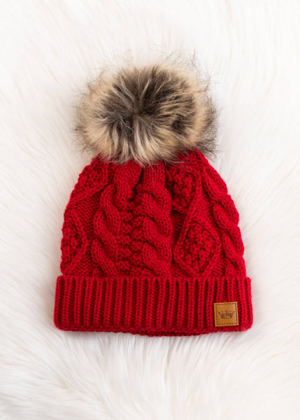 Red Cable Knit Pom Hat Panache Apparel Co.