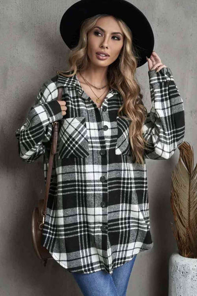 Plaid Collared Neck Button Up Jacket with Pockets Trendsi