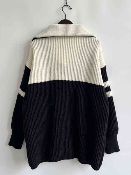 Ribbed Two-Tone Half Zip Sweater Trendsi