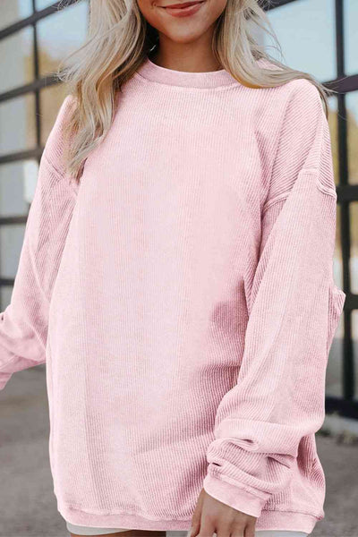 Ribbed Round Neck Drop Shoulder Sweatshirt Trendsi