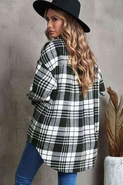 Plaid Collared Neck Button Up Jacket with Pockets Trendsi