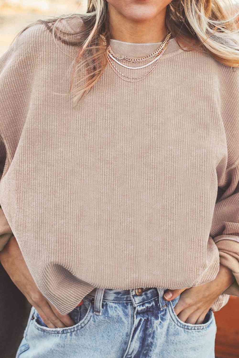 Ribbed Round Neck Drop Shoulder Sweatshirt Trendsi