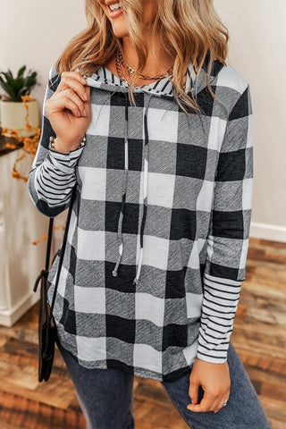 Plaid Drawstring Long Sleeve Hoodie Trendsi