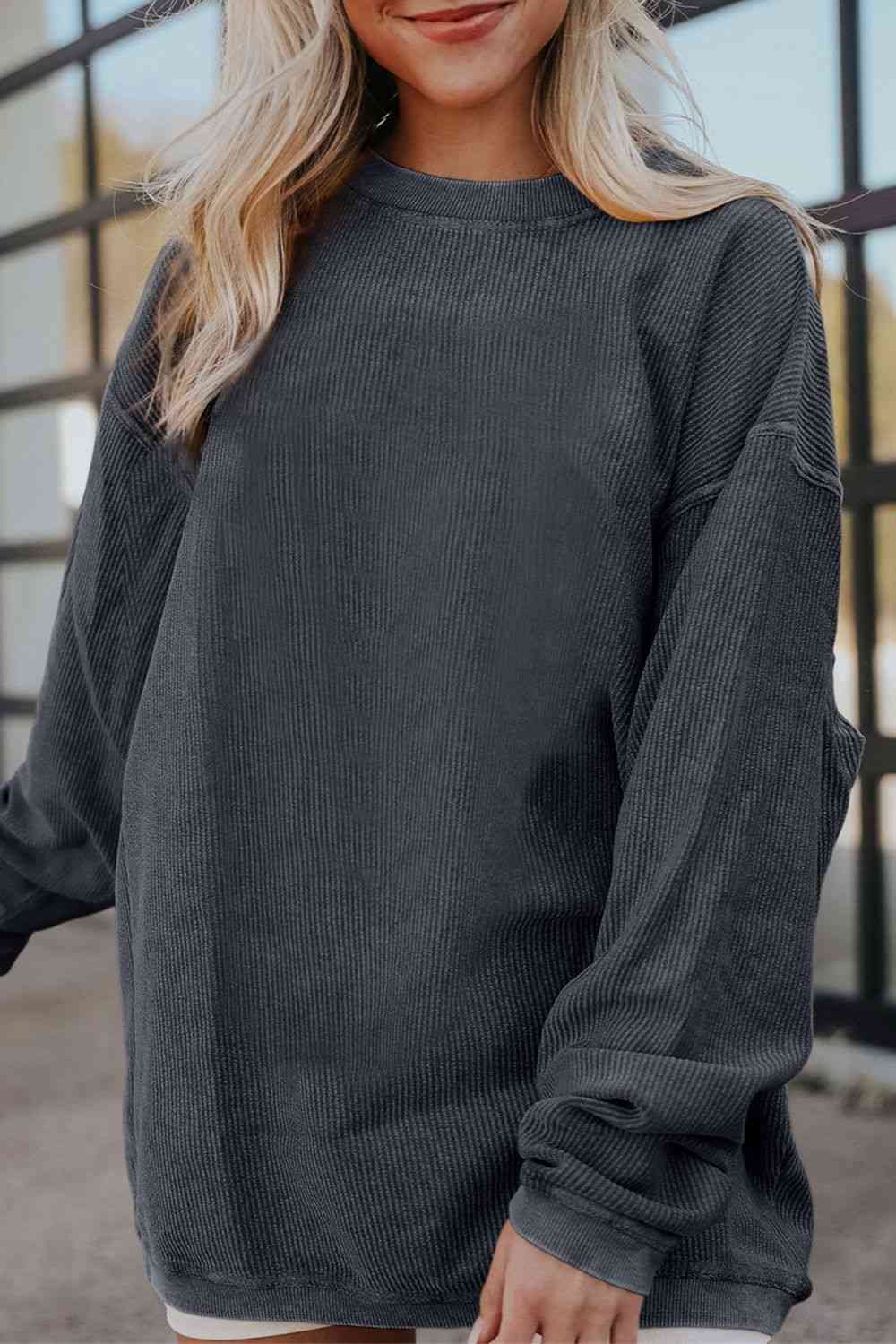 Ribbed Round Neck Drop Shoulder Sweatshirt Trendsi